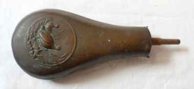 Copper Pear-shaped Embossed and Copper Powder Flask decorated with pair of game birds, 7 ¾”