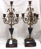 A pair of late 19th Century Gilt Spelter and Black Slate Candelabra, each of four light construction