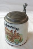 Bavarian China Stein, Transfer Decorated and Lettered “Reichsparteitag Nurnberg”, metal hinged