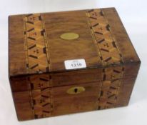 A Victorian Walnut and Parquetry inlaid Box with vacant brass central nameplate and similar plain
