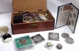 A Cigar Box of assorted mainly Costume Jewellery, including Necklaces, Brooches, Badges and modern