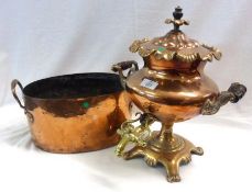 A Victorian Copper Tea Urn with brass tap; together with a Copper and Brass Handled Oval