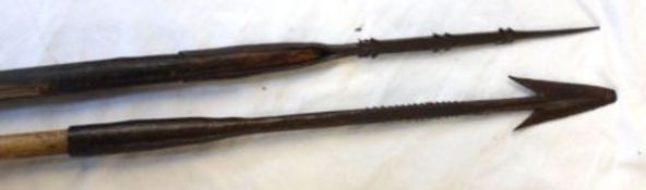 Steel Tipped African Spear of barbed form with reduced shaft, 47”