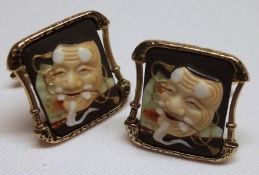 An unusual pair of gilt metal Large Cufflinks with Satsuma panels, each depicting a mask and fan