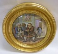 A Prattware Pot Lid “Dr Johnson”, fitted into a gilded socle, 4” diameter