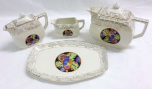 An Empire Ware Tea Set on matching Tray, comprises a Teapot, Lidded Hot Water Jug and Cream Jug, all