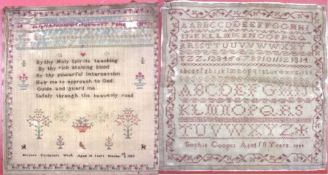 Two unframed Samplers, one with verse and decorated with trees and flowers, Maryann Gardener’s