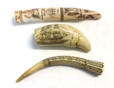 A Mixed Lot comprising: two Resin Scrimshaws and a further Carved Bone Handle (3)