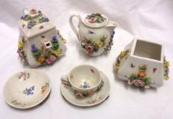 A European Miniature Tea Set, comprising a Teapot, covered Milk Jug, Sugar Bowl, triple of Cup,