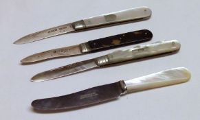 A Mixed Lot comprising: three various hallmarked Silver Bladed Folding Fruit Knives, two with