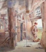I S, MONOGRAMMED AND DATED 1900, WATERCOLOUR, Gent in Mill Doorway, 14” x 11”