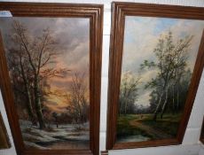 S WILLIAM, SIGNED, PAIR OF OILS ON PANEL, Wooded Landscape in Winter and Summer, 18” x 10” (2)
