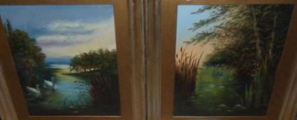 LATE 19TH CENTURY ENGLISH SCHOOL, PAIR OF OILS, Kingfisher and Swans in Wooded River Landscapes, 17”