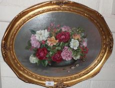 MARGARET CLARKE, SIGNED, OVAL OIL, Still Life Study of Mixed Flowers in a Bowl, 11” x 15”