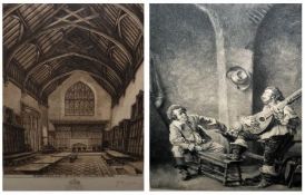 E BURROW, SIGNED IN PENCIL TO MARGIN, SEPIA ETCHING, “The Hall, Eton College, 1901”, 9” x 7”; and