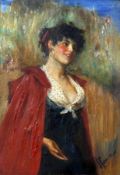 JOHN PETTIE, SIGNED, OIL, Portrait of a Lady Wearing Red Cape, 10” x 7”