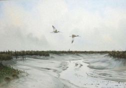 JONATHAN YULE, SIGNED AND DATED ’82, WATERCOLOUR, Waders in Flight over an Estuary, 10” x 14”