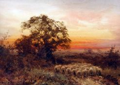 HENRY JOHN SYLVESTER STANNARD, SIGNED, WATERCOLOUR, Inscribed “Flitwick” (Sheep in Sunset
