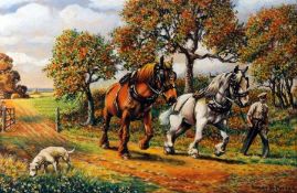 HARRY W POTTER, SIGNED, GOUACHE, Man and Dog Leading Horses in a Country Path, 13” x 19”