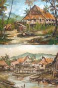 CHIN KLEE, SIGNED, PAIR OF OILS, Oriental River Villages, 15” x 22” (2)