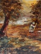 T HUDSON, SIGNED, OIL, Rustic Scene with Figure and Boat to Distance, 4 ½” x 3”
