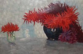 20TH CENTURY, FRENCH SCHOOL, OIL, Still Life Study of Dahlias, 22” x 32”