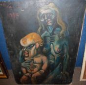 INDISTINCTLY SIGNED AND DATED 1945, OIL ON BOARD, Mother and Child, 31” x 22” (unframed)