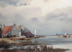 LESLIE L HARDY MOORE, RI, SIGNED, WATERCOLOUR, Norfolk River View with Buildings, 10” x 14”