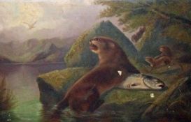 ROBERT CLEMENSON, SIGNED, OIL, Otters with Fish, 19” x 29”