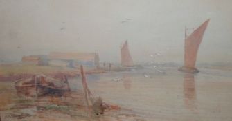 P D CHAMBERLIN, SIGNED AND DATED 1905, WATERCOLOUR, Broadland Landscape with Wherries, 9” x 16”