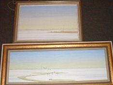 HOWARD, SIGNED, TWO MIXED MEDIAS, Estuary Scenes with Wading Birds, 11” x 35” and 15” x 23” (2)
