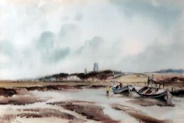 LESLIE L HARDY MOORE, RI, SIGNED, WATERCOLOUR, “Blakeney from Morston, Norfolk” (see Royal Institute
