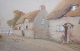 WALTER WITHAM, SIGNED, WATERCOLOUR, Figures and Domestic Poultry before Thatched Cottages, 8” x