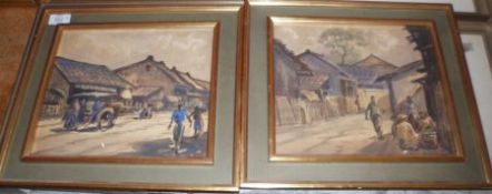 INDISTINCTLY SIGNED, PAIR OF WATERCOLOURS, Oriental Street Scenes with Figures etc, 9” x 10” (2)