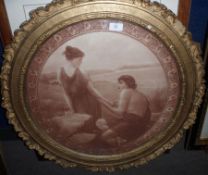 LATE 19TH CENTURY, ENGLISH SCHOOL, SEPIA ENGRAVING, Romantic Couple by Lakeside, 17” diameter within