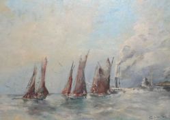 GEOFFREY CHATTEN, SIGNED, OIL, Fishing Boats off a Harbour, 13” x 18”