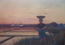 AUG BETRANGER, SIGNED AND DATED 1903, OIL, Sunset Landscape with Lady Carrying Basket on her Head,