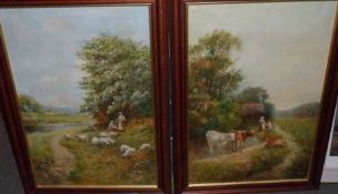 J WILKINSON, SIGNED, PAIR OF OILS, Rural Landscape with Figures, Cattle and Sheep, 23” x 15” (2)