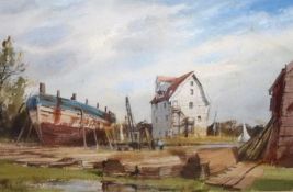 * LESLIE L HARDY MOORE, RI, SIGNED, WATERCOLOUR, Boat Builder’s Yard with Mill in Background, 14”