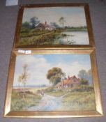 B CRAY, SIGNED, PAIR OF OILS, Figures in Rural Landscapes with Cottages, 14” x 19” (2)