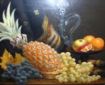19TH CENTURY, ENGLISH SCHOOL, OIL, Still Life Study of Mixed Fruit, Decanter etc, 15” x 19”