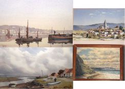 R C S, INITIALLED, GROUP OF THREE WATERCOLOURS AND ONE OIL, Landscape, Marine Subjects, assorted