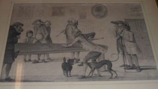 EARLY 19TH CENTURY, ENGLISH SCHOOL, BLACK AND WHITE ENGRAVING, A Game of Billiards, 10” x 14”
