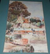 R MOREAU, SIGNED AND DATED 1913, WATERCOLOUR, River Scene with Figures by a Chapel, 10” x 6”