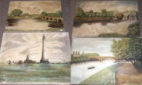 UNSIGNED, GROUP OF FOUR OILS, “Sonning Bridge, Thames”; “Staines, River Thames”; “Wallinford on