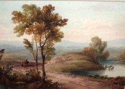 19TH CENTURY ENGLISH SCHOOL, WATERCOLOUR, Travellers in Landscape, 5” x 7”