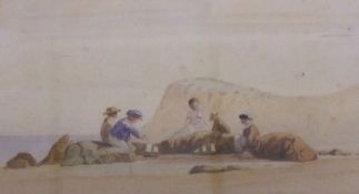 19TH CENTURY, ENGLISH SCHOOL, WATERCOLOUR, Figure Group on a Beach, 4” x 6”