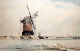 * LESLIE L HARDY MOORE, RI, SIGNED, WATERCOLOUR, “Wind Pump/Drainage Mill on River Bure between Acle