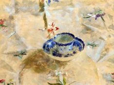 JACQUELINE RIZVI, INITIALLED AND DATED ’83, WATERCOLOUR, “Blue and White Cup on Sprigged Cloth”,