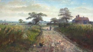 JOHN MACE, MONOGRAMMED, OIL, Figures and Chickens in Country Lane, 7 ½” x 11 ½”